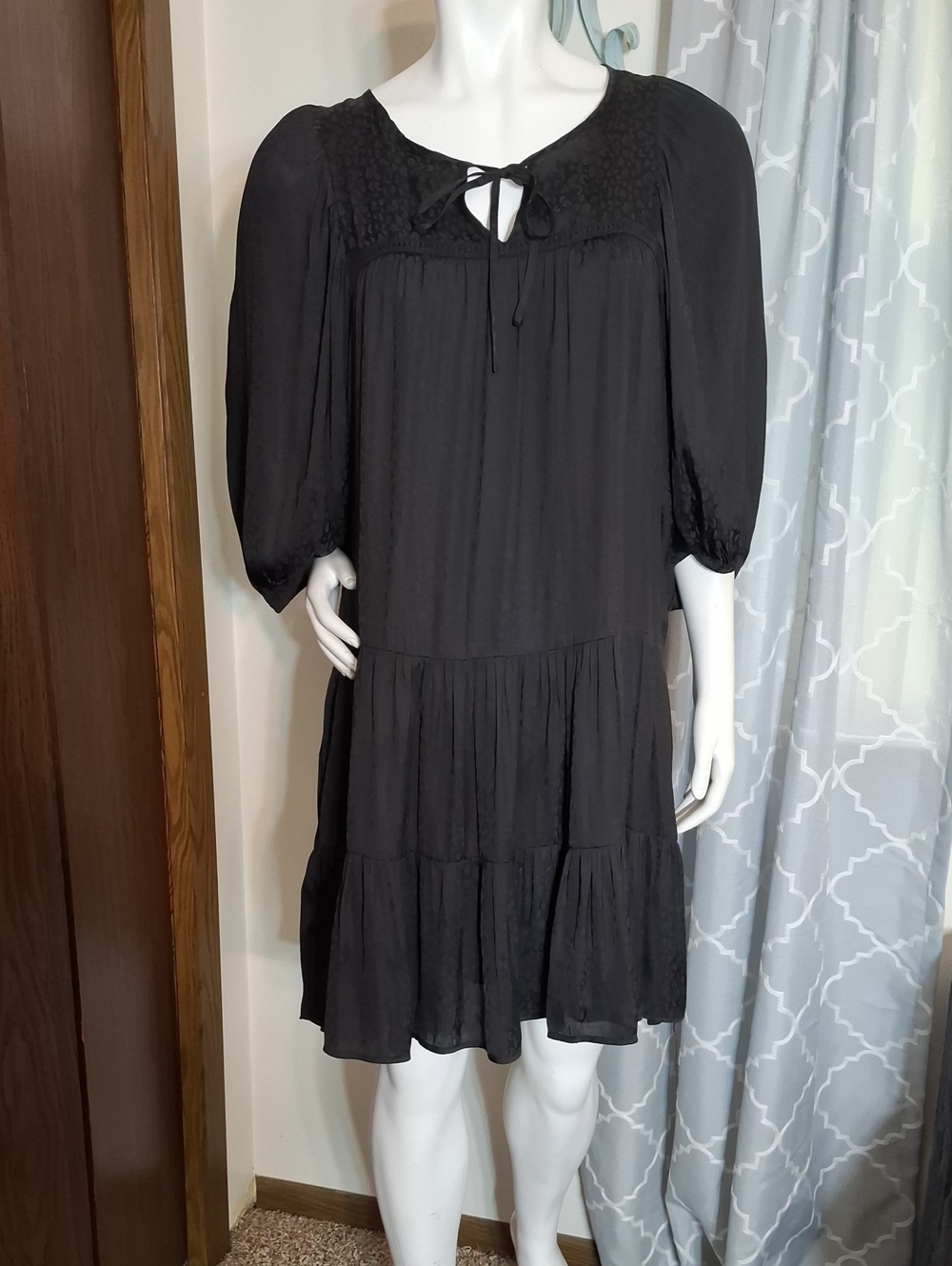 Black Tie-Neck Tiered Mini Dress